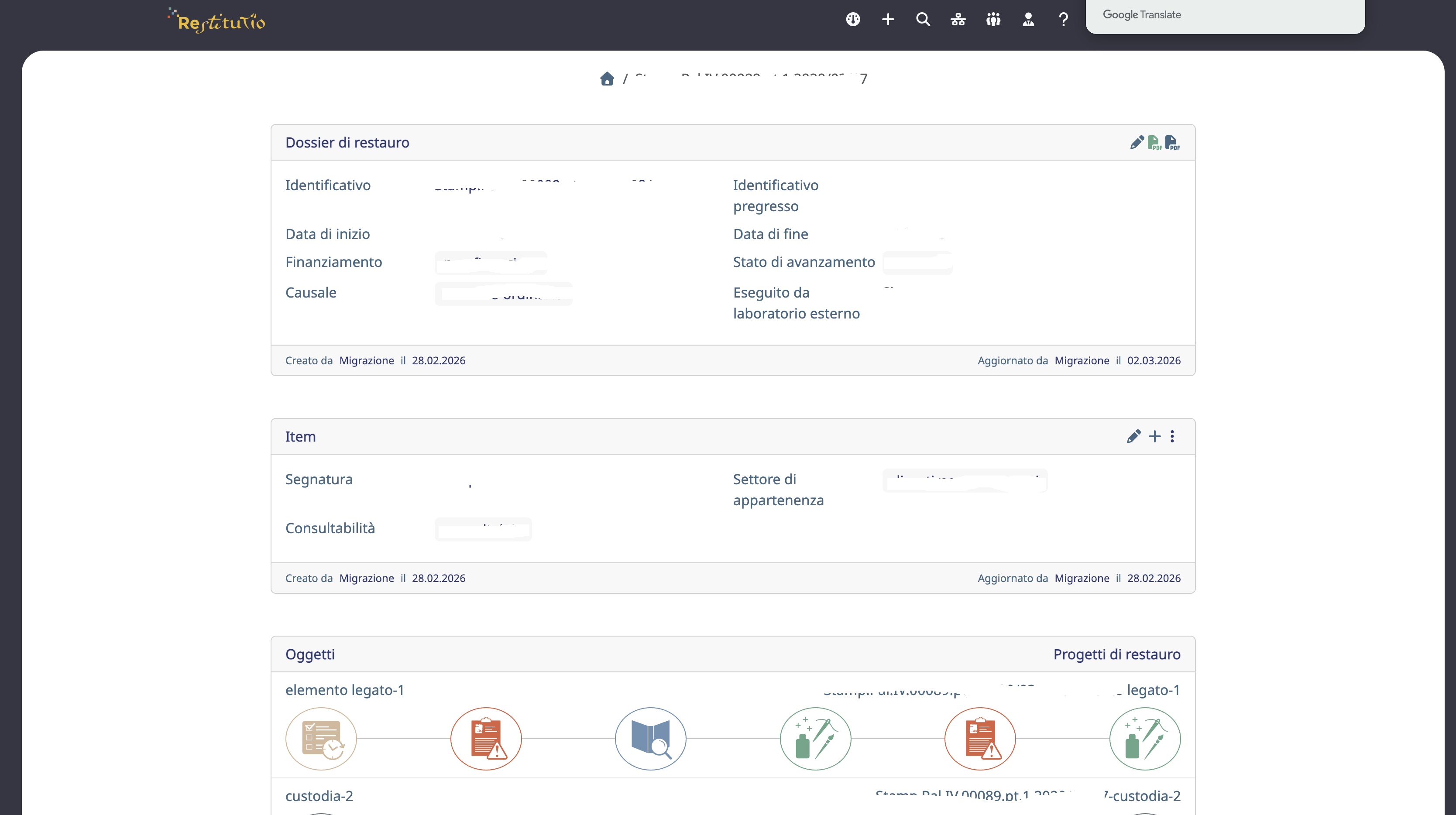 Dettagli del dossier di restauro